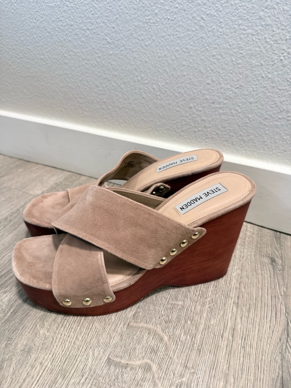 Steve Madden Taupe Suede Cross-Strap Platform Wedges